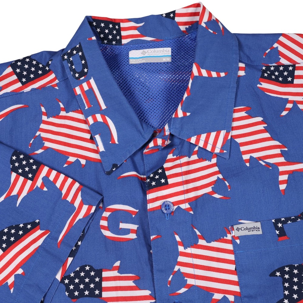 Columbia PFG Fishing Shirt American Flag Shark Patriotic Button Up Vented Medium